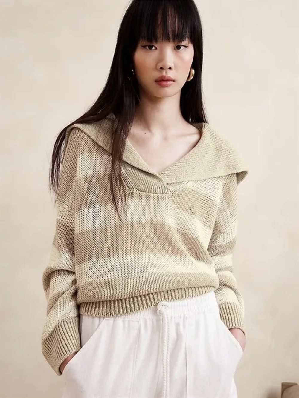Banana Republic S/S European Linen Striped Open Knit Chunky‎ Sailor Sweater XS/S